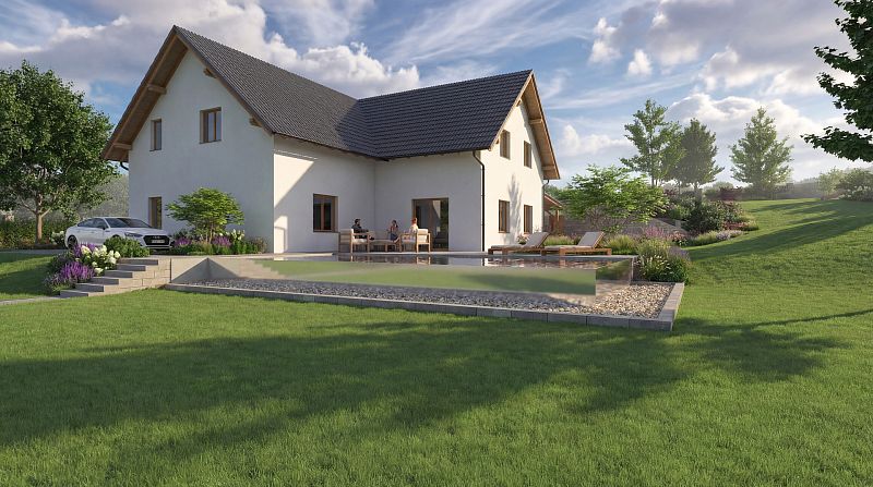 Návrh zahrady s přelivovým bazénem